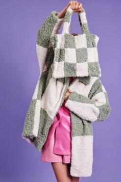 JAYLEY Shearling Checkered Tote Bag In White And Green -Deals Fabulous Women Wear Store jayley shearling checkered tote bag in white and green p12288 95936 image