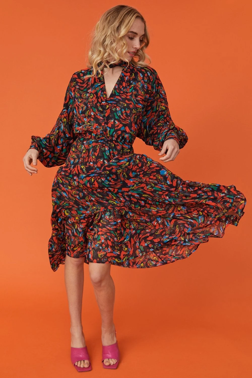 JAYLEY Silk Blend And Chiffon Floral Midi Dress In Red 1 JAYLEY Silk Blend And Chiffon Floral Midi Dress In Red