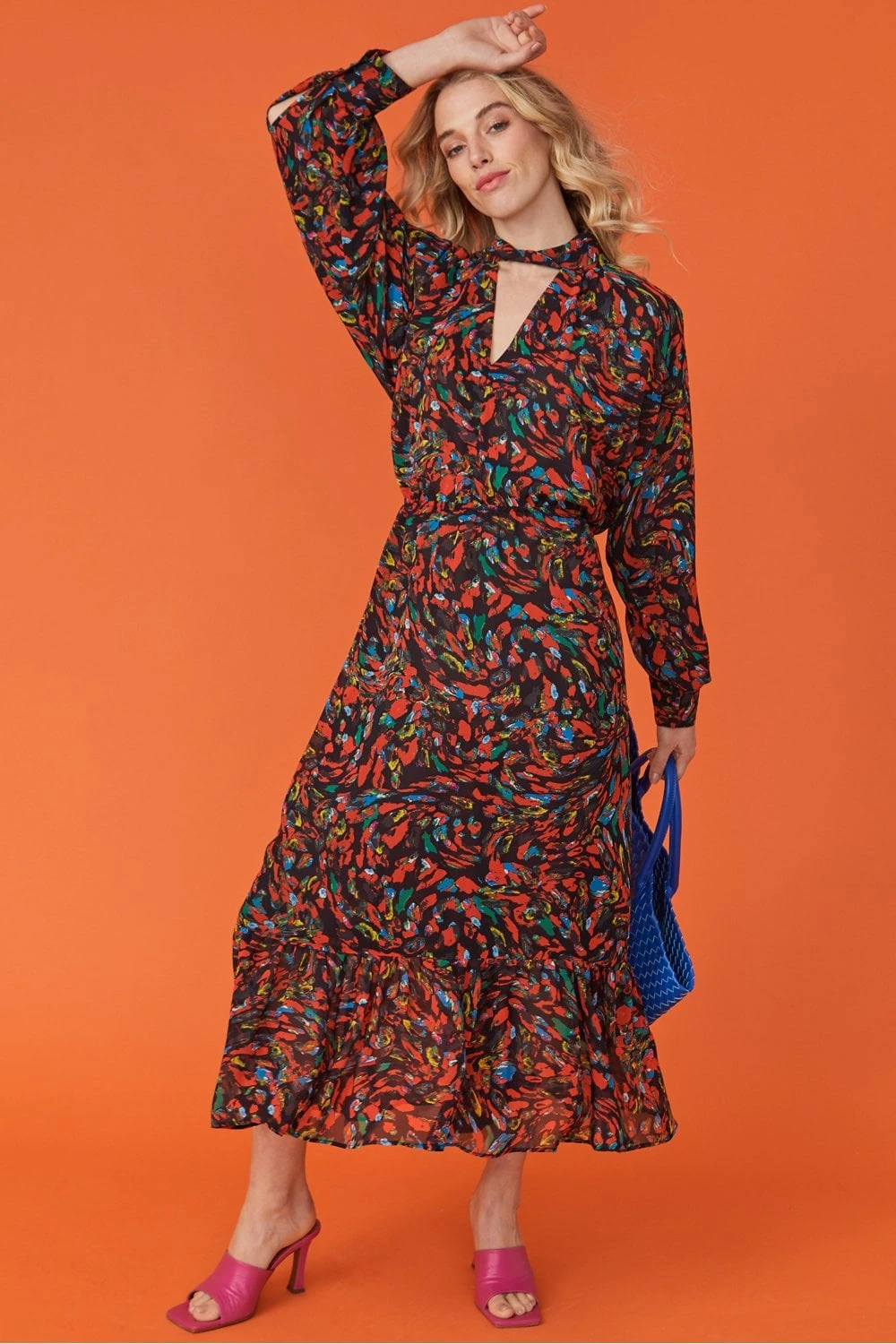 JAYLEY Silk Blend And Chiffon Floral Midi Dress In Red 2 JAYLEY Silk Blend And Chiffon Floral Midi Dress In Red - Image 2