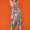 JAYLEY Silk Blend Bow Dress In Havanna Tropical Print