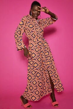 JAYLEY Silk Blend Maxi Shirt Dress In Geometric Print -Deals Fabulous Women Wear Store jayley silk blend maxi shirt dress in geometric print p10950 76706 image