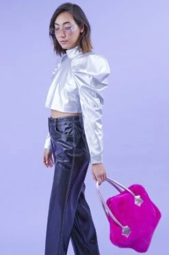 JAYLEY Silver Metallic Oversized Sleeve Crop Top -Deals Fabulous Women Wear Store jayley silver metallic oversized sleeve crop top p14374 94844 image