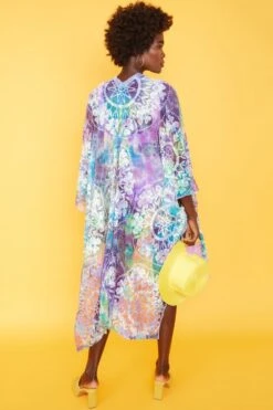 JAYLEY Teal And Purple Handmade Lilly Tie-dye Shibori Lace Kimono