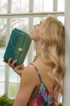 JAYLEY Teal Lulu Quilted Bag With Gold Chain And Snake Head Detail