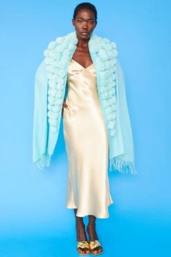 JAYLEY Turquoise Cashmere Blend Faux Fur Pom Pom Wrap