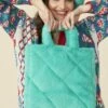 JAYLEY Turquoise Faux Fur Diamond Stitch Tote Bag