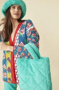 JAYLEY Turquoise Faux Fur Diamond Stitch Tote Bag -Deals Fabulous Women Wear Store jayley turquoise faux fur diamond stitch tote bag p12988 88004 image