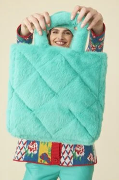 JAYLEY Turquoise Faux Fur Diamond Stitch Tote Bag -Deals Fabulous Women Wear Store jayley turquoise faux fur diamond stitch tote bag p12988 88005 image