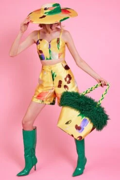 JAYLEY Yellow Abstract Design Tencel Shorts