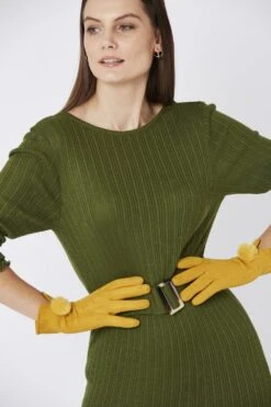 JAYLEY Yellow Faux Suede Gloves With Faux Fur Pom