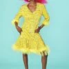 JAYLEY Yellow Sequin Skater Dress With Feather Trim