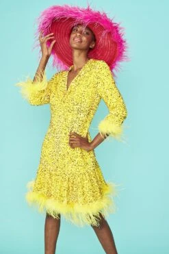 JAYLEY Yellow Sequin Skater Dress With Feather Trim -Deals Fabulous Women Wear Store jayley yellow sequin skater dress with feather trim p13268 89862 image