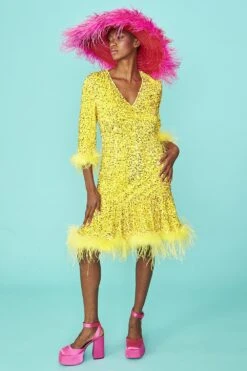 JAYLEY Yellow Sequin Skater Dress With Feather Trim -Deals Fabulous Women Wear Store jayley yellow sequin skater dress with feather trim p13268 89863 image